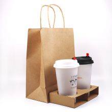 China Manufacturer Wholesale Eco Take Away Disposable Milktea Coffee Drink Kraft Cardboard Paper Cup Multiple Carrier Holder Tray With Handle thumbnail-1
