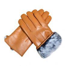 Custom Men Black Winter Warm Waterproof Fashion Sheepskin Leather Gloves With Rabbit Fur Lining thumbnail-1