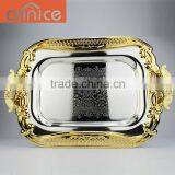 Hot Selling Hotel Items Serving Tray Silver Plating With Gold Edge/ss410 With Zine-alloy Handles Serving Tray thumbnail-6