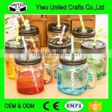 2016 Hot Sales Pump Lid 500ml Colorful Glass Mason Jar With Handles Wholesale thumbnail-1