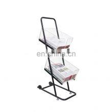 Movable Floor Standing Newspaper Display Holder Two Shelf Metal Acrylic Magazine Display Rack