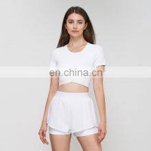 New Built In Bra Fixed Pads Short Sleeve Crop Top Women Workout Fitness Sports T-Shirt Elastic Bottom Slim Fit Yoga Gym Shirts thumbnail-4