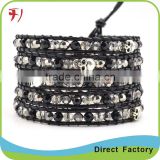 New Fashion Jewelry Various Natural Stone Mix Gold Bead On Black Leather With Stainless Steel Clasp Bead Wrap Bracelet