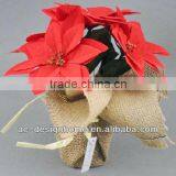 RED ARTIFICIAL VELVET POINSETTIA FLOWER BUSH X 4 W/4 PCS POINSETTIA FLOWER HEAD ON BURLAP PLANTER thumbnail-1