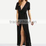 Woman Short Sleeve Black V Neck Tie Waist Chiffon Maxi Wrap Type Maxi Dress thumbnail-4