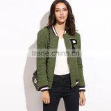 HAODUOYI Women Warm Solid Letter Embroidery Lattice Street Zipper Bomber Jacket thumbnail-2