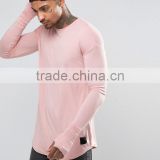 Men's Longline Long Sleeve T-Shirt Elongated Curved Hem T Shirt with Thumbhole Pink Plain Extra Long Tee