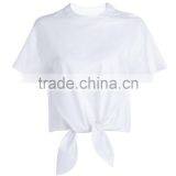 Ladies White Shoulder Snap Button Short Sleeve Woven t Shirt With Front Bow thumbnail-2