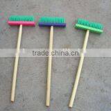 Floor plastic cleaning brush with long wooden handle