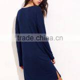 Navy Drop Shoulder Long Sleeve Side Slit Dress Polyester Spandex Casual Plain V Neck Short Dress thumbnail-3