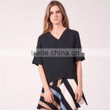 Women's Loose Fit V Neck Press Studs on Short Slited Sleeves Tank Blouse thumbnail-3