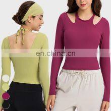 New Ladies T-shirt Running Wear Custom Sports Shirts Gym Fitness Top Women Long Sleeve Ribbed Strappy Halter Yoga T Shirt thumbnail-1