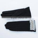 Black Color Lady Wool Gloves With Pearls and Lace on Cuff thumbnail-6