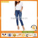 Wholesale Denim Five Pockets Boyfriend Jeans With Let Down Hem In Mid Wash Blue For Women thumbnail-1