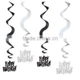 Glitz black and silver Happy Birthday Party Hanging Holographic Swirls Decorations