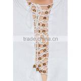 HAODUOYI Fashion White Women Blouse Cross Lace-up Bead Deep V-neck Hollow Out Sexy Long Sleeve Female Top for Wholesale thumbnail-4
