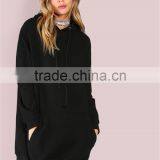 MGOO Black Pocket Front Embroidered Hood Sweatshirt Oversized Women Longline Hoodies With Custom Design thumbnail-4