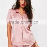 Custom Logo Pink Satin Short Pajama Set With Back Embroideried Button Top With Drawstrings Shorts thumbnail-5