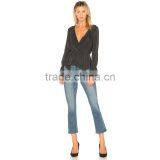 Frilled Wrap Design Chic Long Sleeve Black Peplum Blouse for Women thumbnail-6