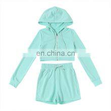 Women's Autumn 2 Piece, Shorts Sets Hooded Crop Tops Two Piece Track Sets 2020 Fashion Women Outfit Fitted Two Piece Set/