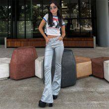 Women Metallic Silver Flare Pant Belted Wide Leg Low Rise Iridescent Flare Jeans