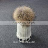 Womens Winter Cap Real Raccoon Fur Poms Hat With Plush Thicken Knit Cap Embroideried thumbnail-6