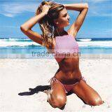2016 Summer New Small Plaid Halter High Neck Bikini Set Crop Top Sey Thong Triangle Bottom Bandage Women Swimwears SwimSuit thumbnail-2