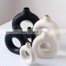 Black Circular Hollow Ceramic Vase Donuts Nordic Flower Pot Home Decoration Accessories Office Living Room Interior Decor thumbnail-3