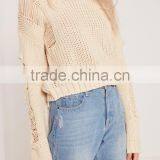 Plain White Ladies Sweater Knitwear Pullover Drop Shoulder Ladder Shoulder Distressed Crop Jumper Women thumbnail-5