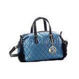 Blue Genuine Fur Trimmed Quilted Nylon Tote Bag with PU Leather Handles