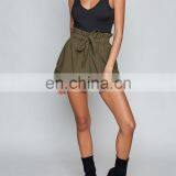Khaki Paper Bag Elastic Waistband Shorts, Ladies High Waist Shorts thumbnail-1