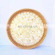 Small Rattan Mother of Pearl Tray, Round Wicker Tray For Table Handwoven Basket for Breakfast Wholesale thumbnail-2