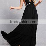 Factory Price Adjustable Tasseled Self-tie Halter Neckline Front V-cut Open Back Flowy Crepe Woven Halter Maxi Dress thumbnail-1