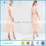 Pink Lace Crop Top and Puff Skirt Wedding Dress Girl's Short Sleeve Prom Two Piece Set thumbnail-1