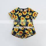 2017 Western Style Girls Sunflowers Printed Clothing Set Backless Tassel T-shirt and Split Shorts thumbnail-3