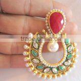 Red Green Bollywood Polki Gold Tone Dangler EARRINGS thumbnail-3