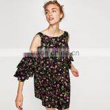 Black Short Sleeve Floral Print Dress, Women Cold Shoulder Summer Dress thumbnail-4