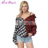 High Quality off Shoulder Stitching Plaid Latest Fashion Korean off Shoulder Blouse thumbnail-1