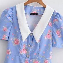 Fresh and Cute Style V-neck Puff Sleeve Collared Printed Dress for Women thumbnail-2