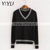 OEM Service Women White Stripes V-neck School Uniform Cable Knit Sweater thumbnail-3