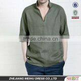 Man's Latest V-neck Linen Army Green Casual Shirt thumbnail-1