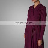 ManXun Modern Muslim Women Maroon Long Abaya Dress With Belt Islamic Kimono Clothing For Ladies thumbnail-5