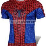 Polyester Spandex Short Sleeves Red Compression Shirt / Rash Guard With Spiderman Costume Design