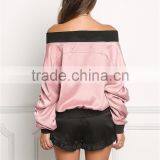 MGOO 2017 Hot Sale Cheap Price Off Shoulder Pink Jackets Custom Fashion Satin Bomber Tops Crop Style thumbnail-6