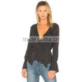 Frilled Wrap Design Chic Long Sleeve Black Peplum Blouse for Women thumbnail-4