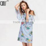 Oblique Shoulder Layered Dress, 2017 Ladies Blue Floral Print Dress thumbnail-1