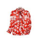 Wholesale Custom Long Sleeve Silk Blouse Printing Red Floral High-necked Daily Top for Ladies Summer Blouse thumbnail-4