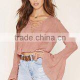 2016 High Quality Plain Dyed Cotton Fashionable Summer Bell Sleeve Blouse thumbnail-4