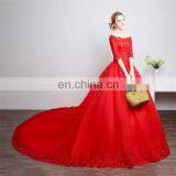 HS1608 Vintage Lace Ball Gown Train Red Wedding Dress thumbnail-2
