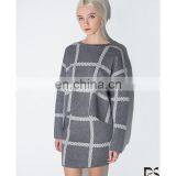 Manufacture Wholesale Clothing With Grey Grid Check Stripe Long Sleeve Mini Knit Dress Bureau thumbnail-1